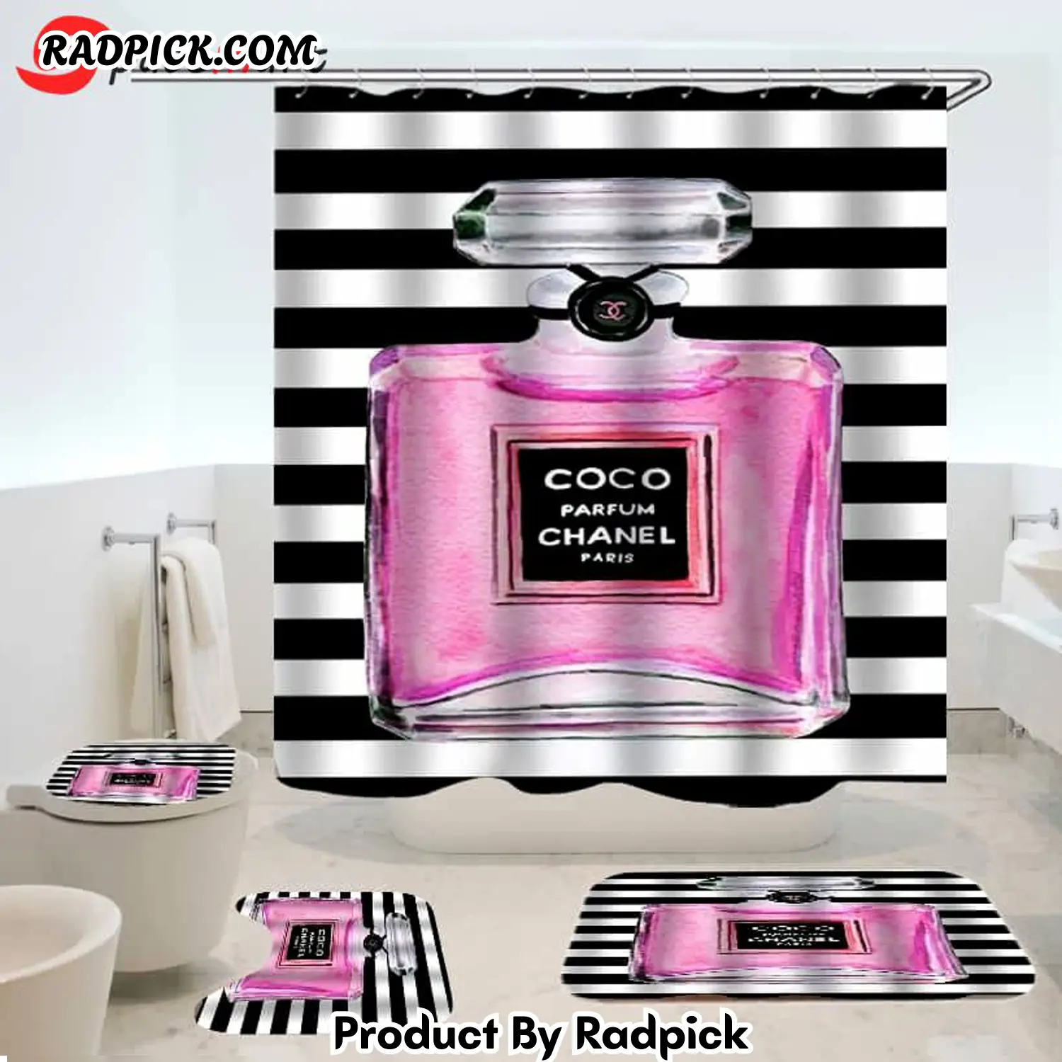 Chanel perfume bathroom set hot luxury shower curtain bath rug mat home decor 147 bathroom accessory sets rp3871180.png